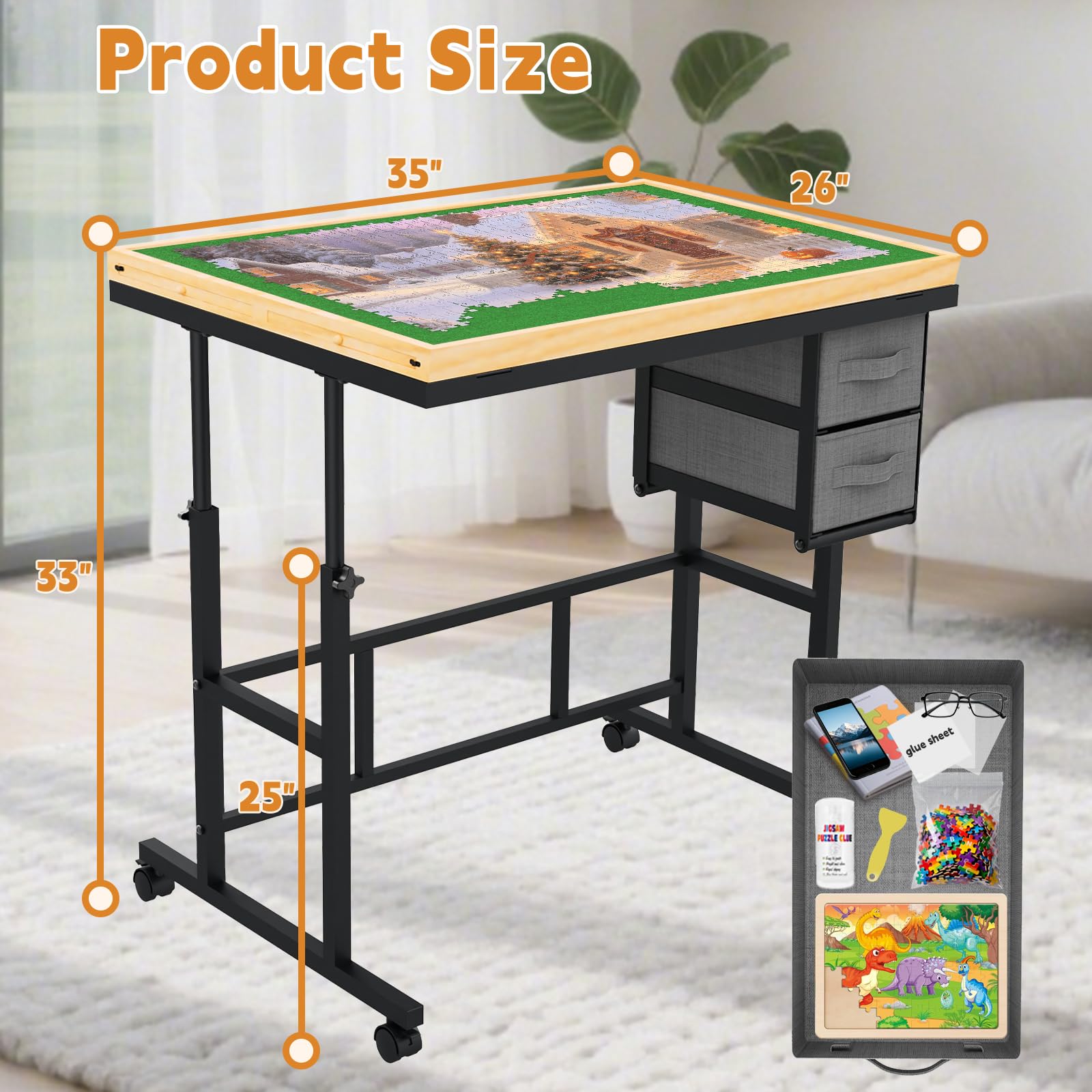 Jigsaw Puzzle Table for Adults with 6 Drawer and Legs, 1500 Pieces Puzzle Table with Protective Cover&Wheels, Adjustable Height and Five up Angles, Natural&Green