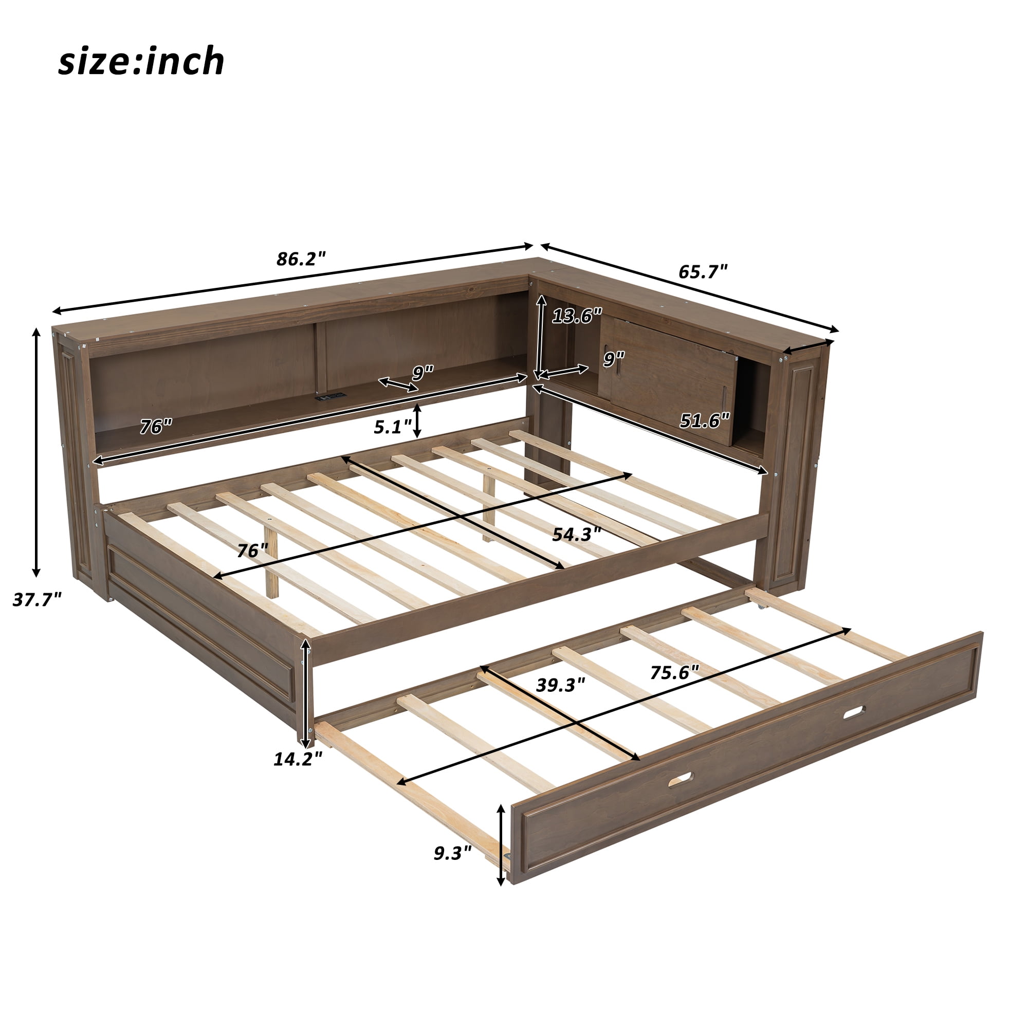 Euroco Wood Full Size Daybed with Storage Shelves and Trundle, USB Charging and LED Light, Wood