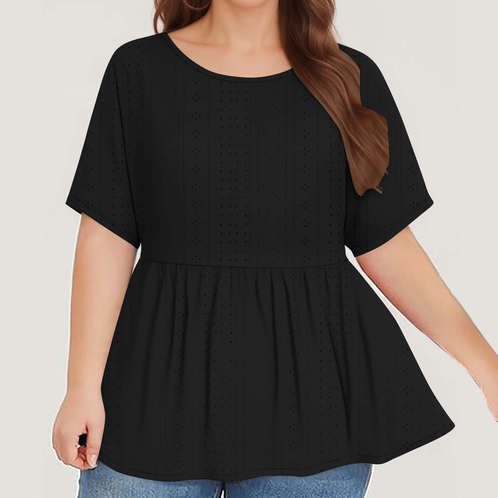 ATOYSOY Women's Causal Workout Eyelet Plus Size Tops Loose Tunic Solid Color Tees Short Sleeve T Shirts Trendy Retro Round Neck Pullover for Girls Black XXXXXL