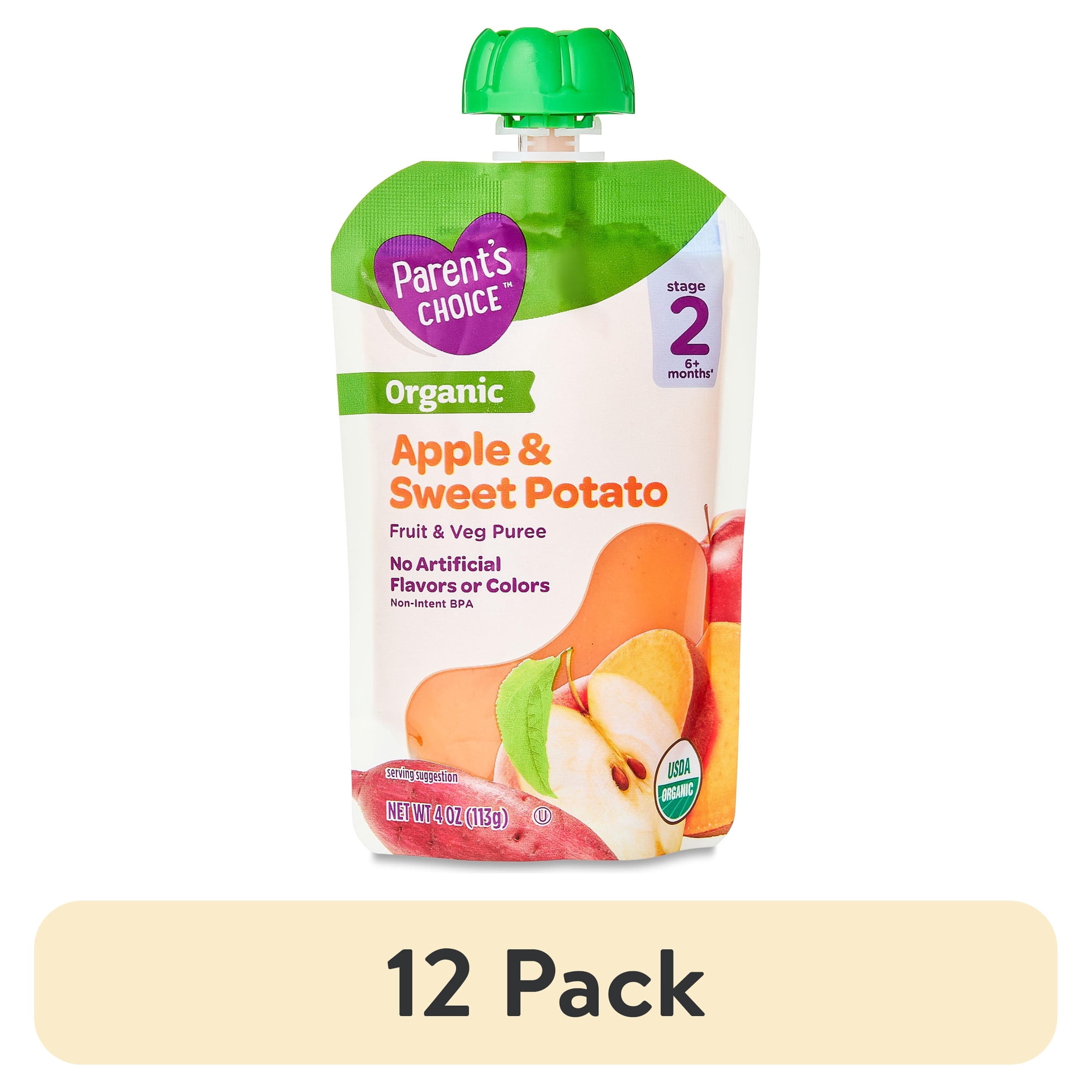 (12 pack) Parent's Choice Organic Stage 2 Baby Food Apple and Sweet Potato Puree, 4 oz Pouch
