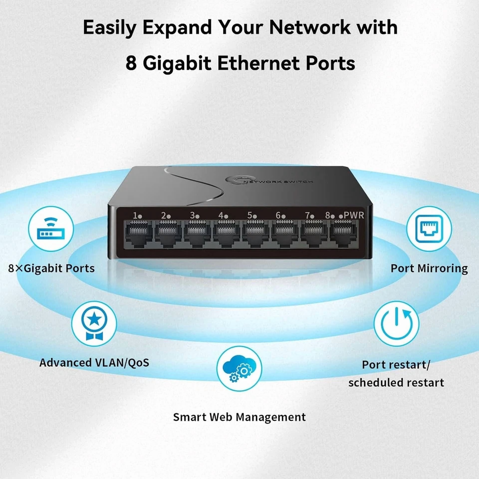 CRESTIN- 8-Port Gigabit Smart Ethernet Switch Vlan Qos Plug & Play Fanless
