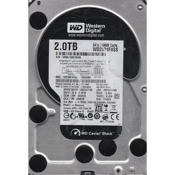WD2001FASS-00W2B0, DCM HBBCNV2CB, Western Digital 2TB SATA 3.5 Hard Drive