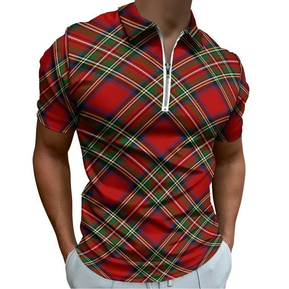 Royal Stewart Tartan Cross Plaid Men Zipper T-shirt Summer Casual Short Sleeve T-shirt Top
