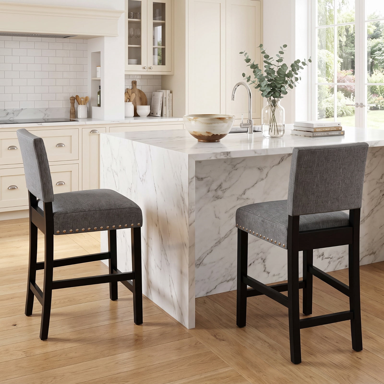 Furnibear 38.5/43.5 Inch Set of 2 Counter Height Chairs with Solid Rubber Wood Frame-S for Kitchen Dining Room Living Room Home, Gray