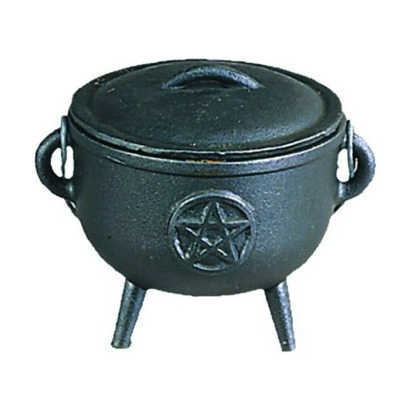 Pentacle 4.5" Small Cast Iron Cauldron with Lid and Carry Handle for Spells, Smudging, Ritual & Blessings