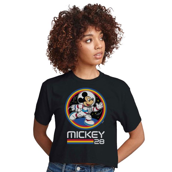Mickey & Friends - Mickey 28 Space Badge - Juniors Cropped Cotton Blend T-Shirt