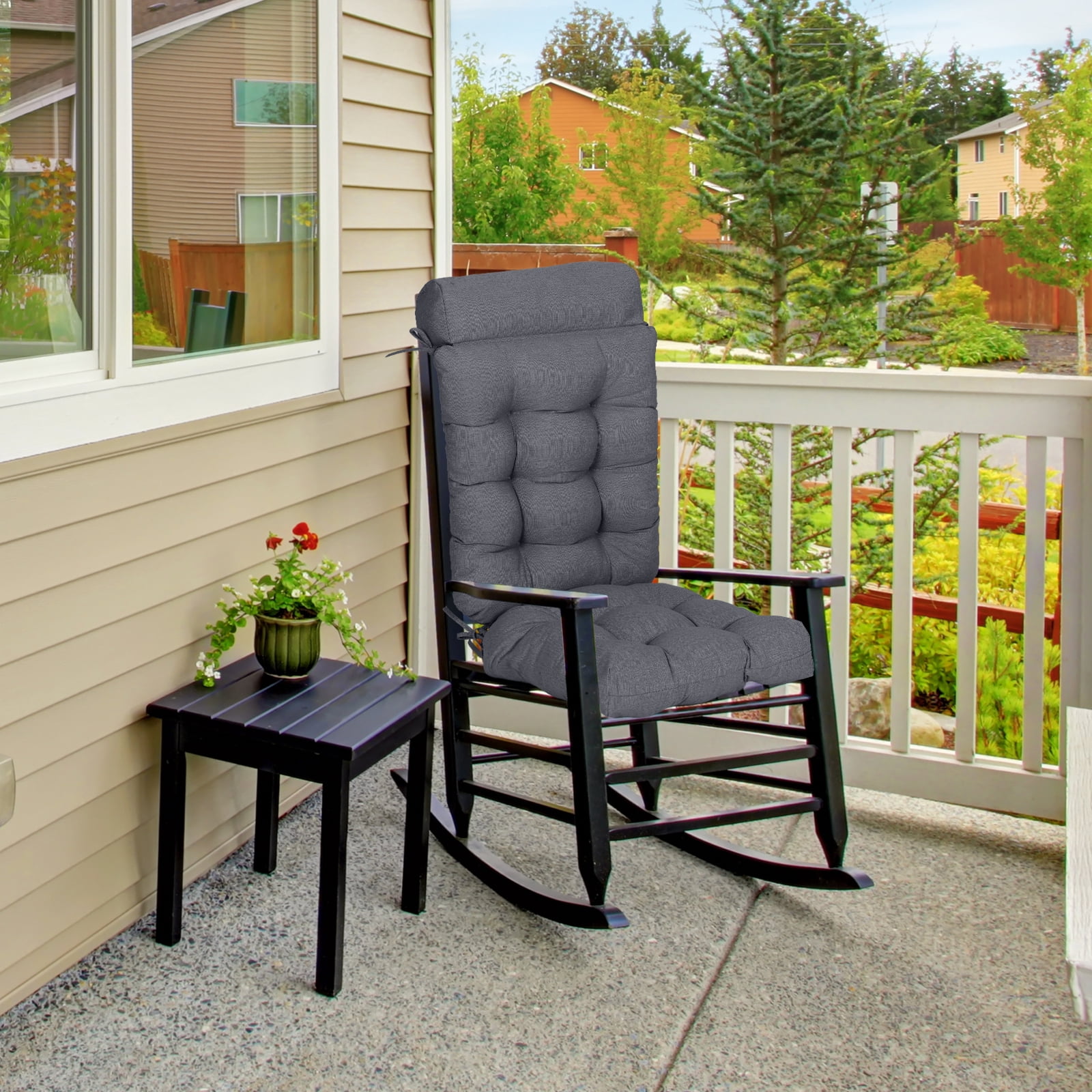 BPS Outdoor Patio Rocking Chair Cushion, Waterproof Fade-Resistant High Back Cushions, Tufted Pads with Ties, Set of 2, Dark Gray