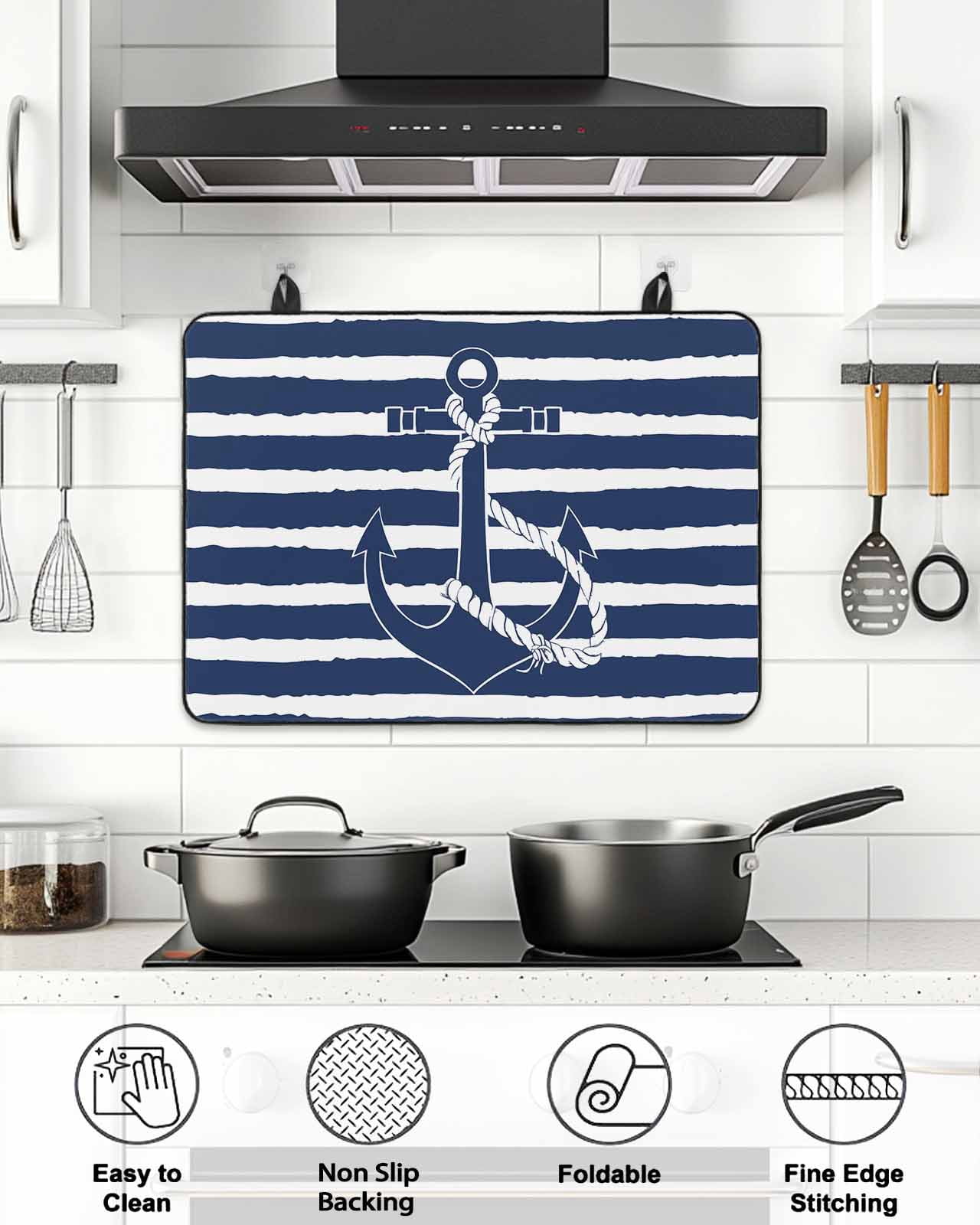 Stove Top Covers for Electric Stove, Navy Blue Anchor Nautical Glass Stovetop Cover Protector, Navy Blue Striped Farmhouse Induction Cooktop Protector Oven Mat for Kitchen Countertop 24"x21"