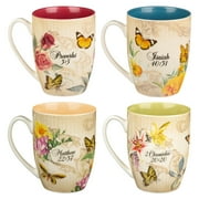 Christian Art Gifts Novelty Floral Ceramic Scripture Coffee & Tea Mug Set: Hope, Trust, Faith, Love - 4 Fancy Medium 12 oz. Cups w/Butterflies & Bible Verses, Multicolor Blue/Pink/Green/Orange Floral