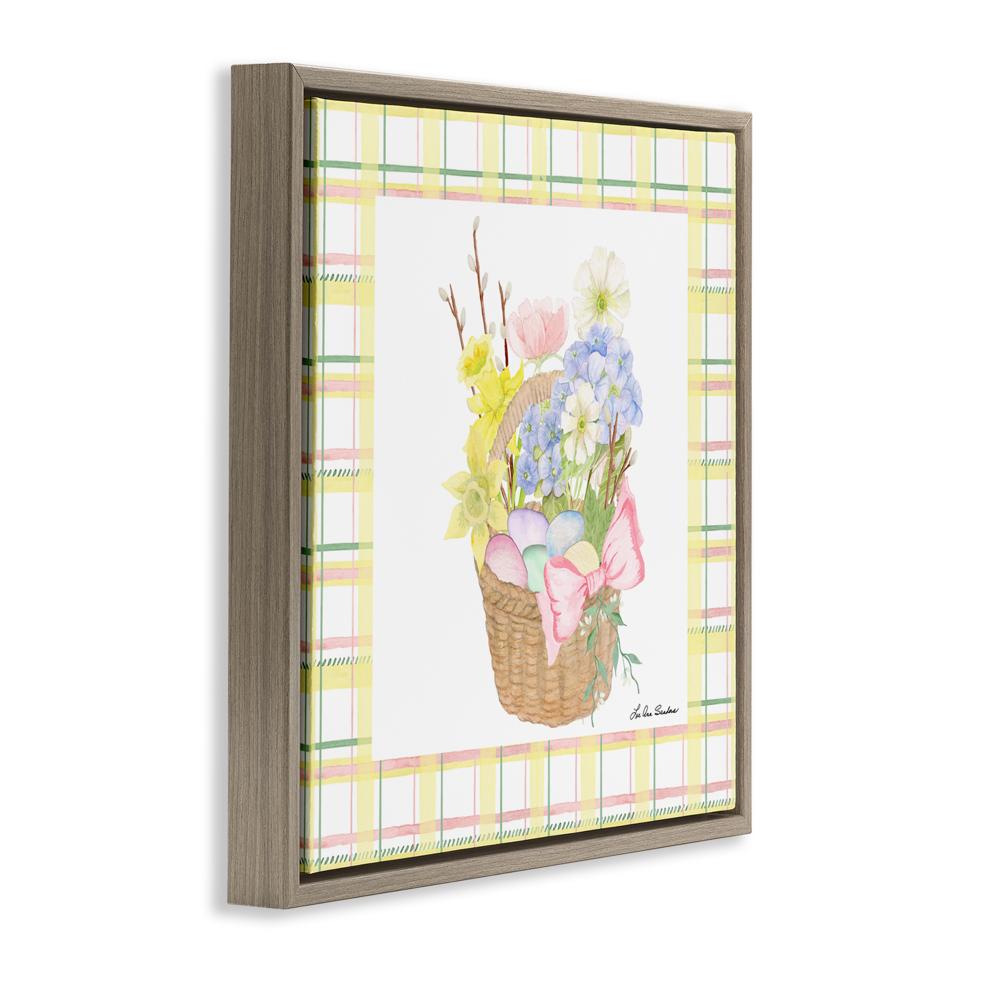Spring Basket on Plaid Brown Framed Floater Canvas Wall Art, design by Lee Ann Sanders