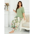 thumbnail image 3 of Plus Size Pajamas for Women, LOFIR Round Neck Soft Rayon Sleepwear Loungewear, Lightweight Short Sleeve Top and Floral Pants PJS for Home & Bedroom 3XL Green, 3 of 7