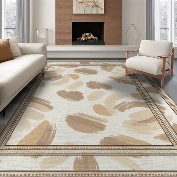 ODIKA 8'x10' Washable Area Rug Boho Faded Cream Tonal Shapes Beige Bordered Decorative Neutral for Living Room, Under Sectional, Family , Durable, Non-Slip