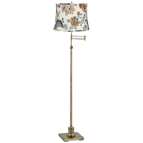 360 Lighting Chic Style Swing Arm Adjustable Floor Lamp 70" Tall Antique Brass White Paisley Drum Shade Living Room Reading House