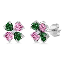 Gem Stone King 925 Sterling Silver Green Nano Emerald Pink Moissanite and White Lab Grown Diamond Earrings for Women | 2.63 Cttw | Gemstone May Birthstone | Heart Shape 4MM