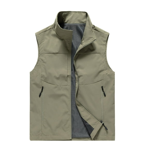 NaWent Men's Solid Color Big Pocket Outdoor Vest Zipper Turn-Down Collar Vest with Muti-Pocket on Khaki 8(XL)