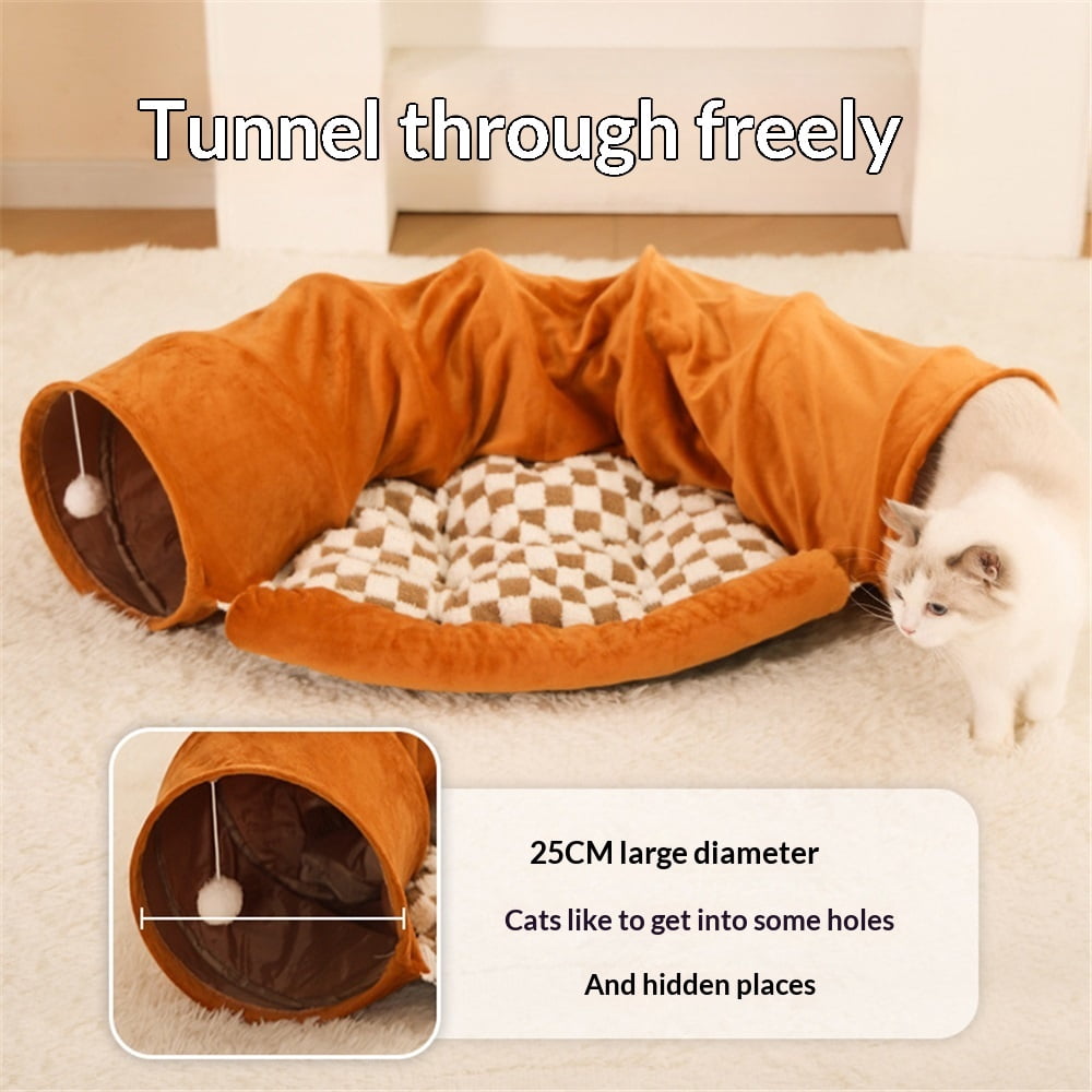 Bunny Tunnel Bed, 2-in-1 Collapsible Tunnel Tubes Toys with Removable Mat Hideout for Cats Kittens Rabbits Guinea Pigs Kitty