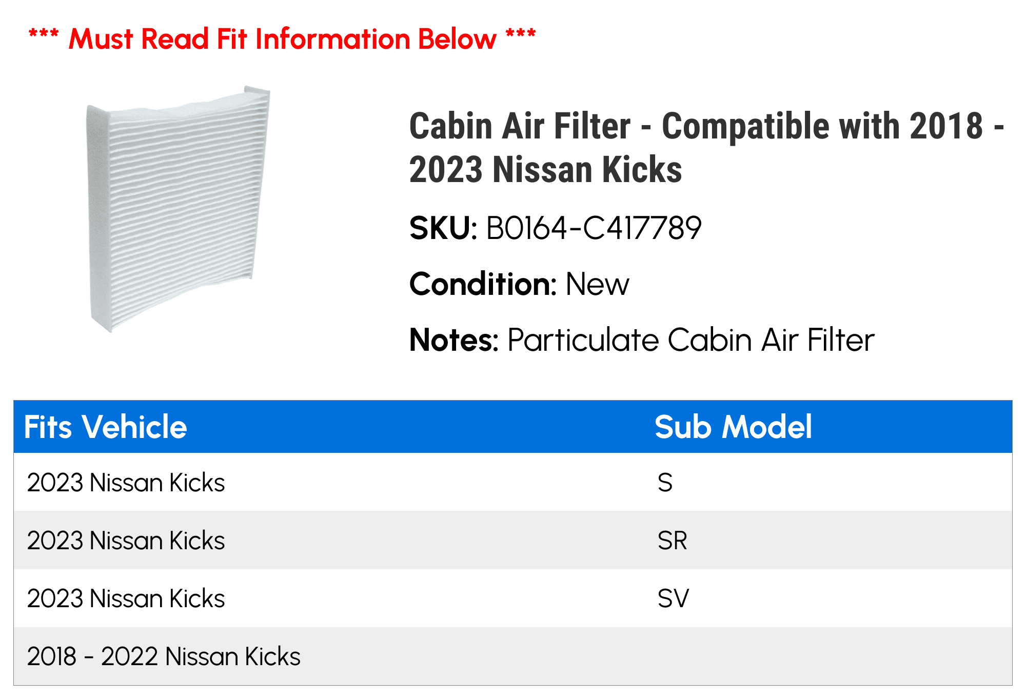 Cabin Air Filter - Compatible with 2018 - 2023 Nissan Kicks 2019 2020 2021 2022