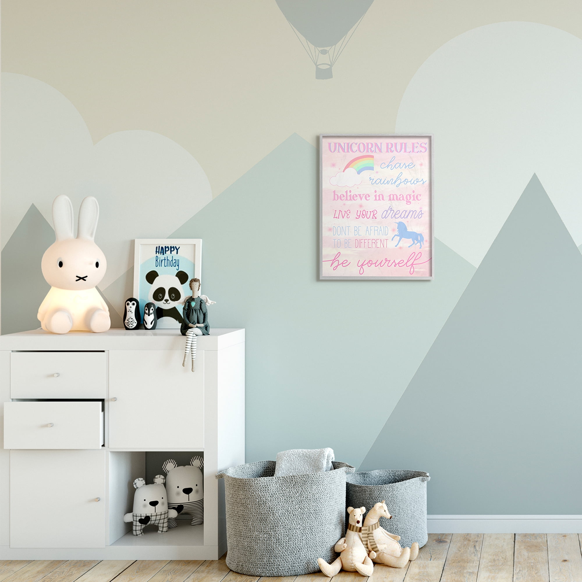 Stupell Industries Unicorn Rules Happiness Rainbow Pink Sky Grey Framed, 16 x 20, Design by Daphne Polselli