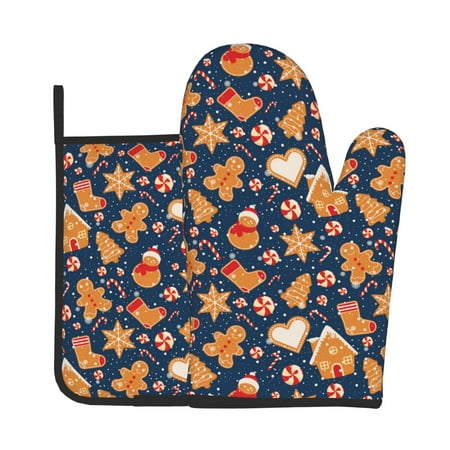 

KLL Gingerbread Delights Pattern Oven Mitts and Pot Holders 2pcs Sets for Kitchen Oven Mitt Heat Resistant 536°F Oven Gloves for Kitchen Cooking and Baking