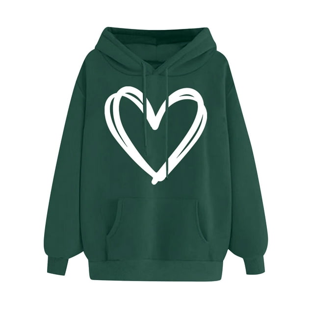 DPTALR Women's Comfortable Sweater Heart Pattern Printed Women's Hooded Pocket Drawstring Sweater