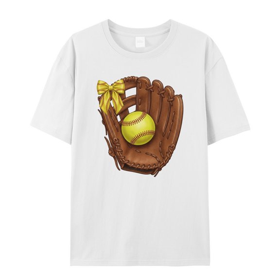 Women's Graphic T-Shirt Tops White L Yellow Brown Baseball Glove Women's Tops Crew Neck Short Sleeve Tees