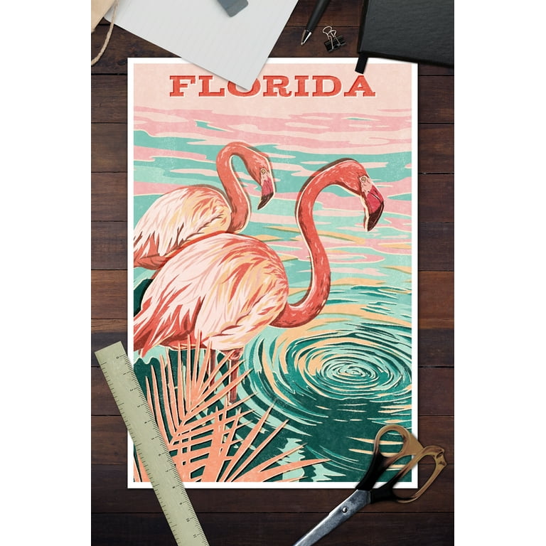 Florida, Vintage Print Press, Flamingo (12x18 Wall Art Poster, Room Decor)  