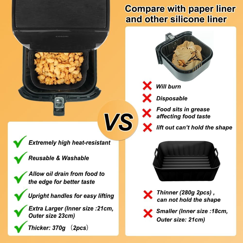 9 Inch Square Silicone Air Fryer Liners for 6 to 8QT, Set of 2, Reusable Silicone Airfryer Tray Insert, Air Fryer Accessories for Corsori 6QT, Airfryer Pro XL 6.5QT, & More