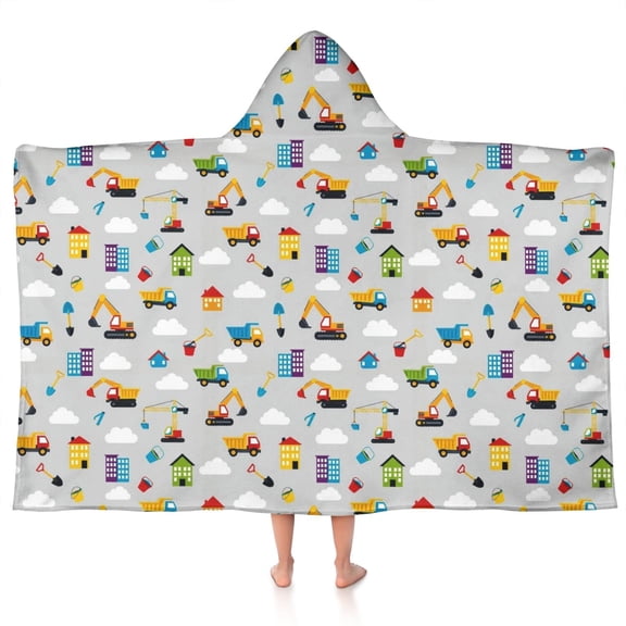 Cartoon Construction Vehicles Houses Hooded Bath Towel,50"x30" for Ages 3 To 12 Kids, Quick Dry Lightweight Soft Microfiber Hood Beach Towel Cover Up for Kids