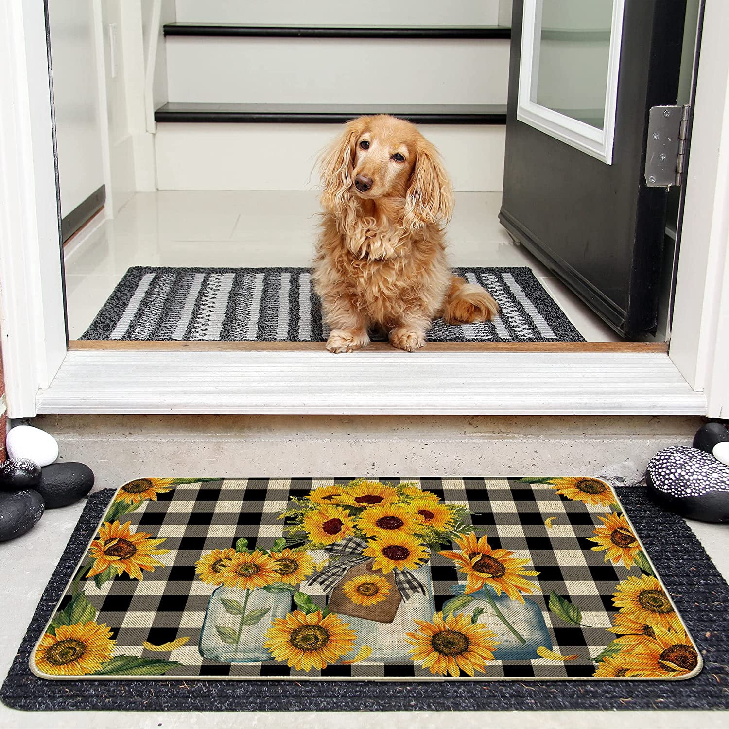 Hexagram Sunflower Door Mats 17x30 Inch, Sunflower Welcome Mats Outdoor, Farmhouse Buffalo Plaid Doormats for Front Door Decorations, Decorative Spring Summer Decor for Home