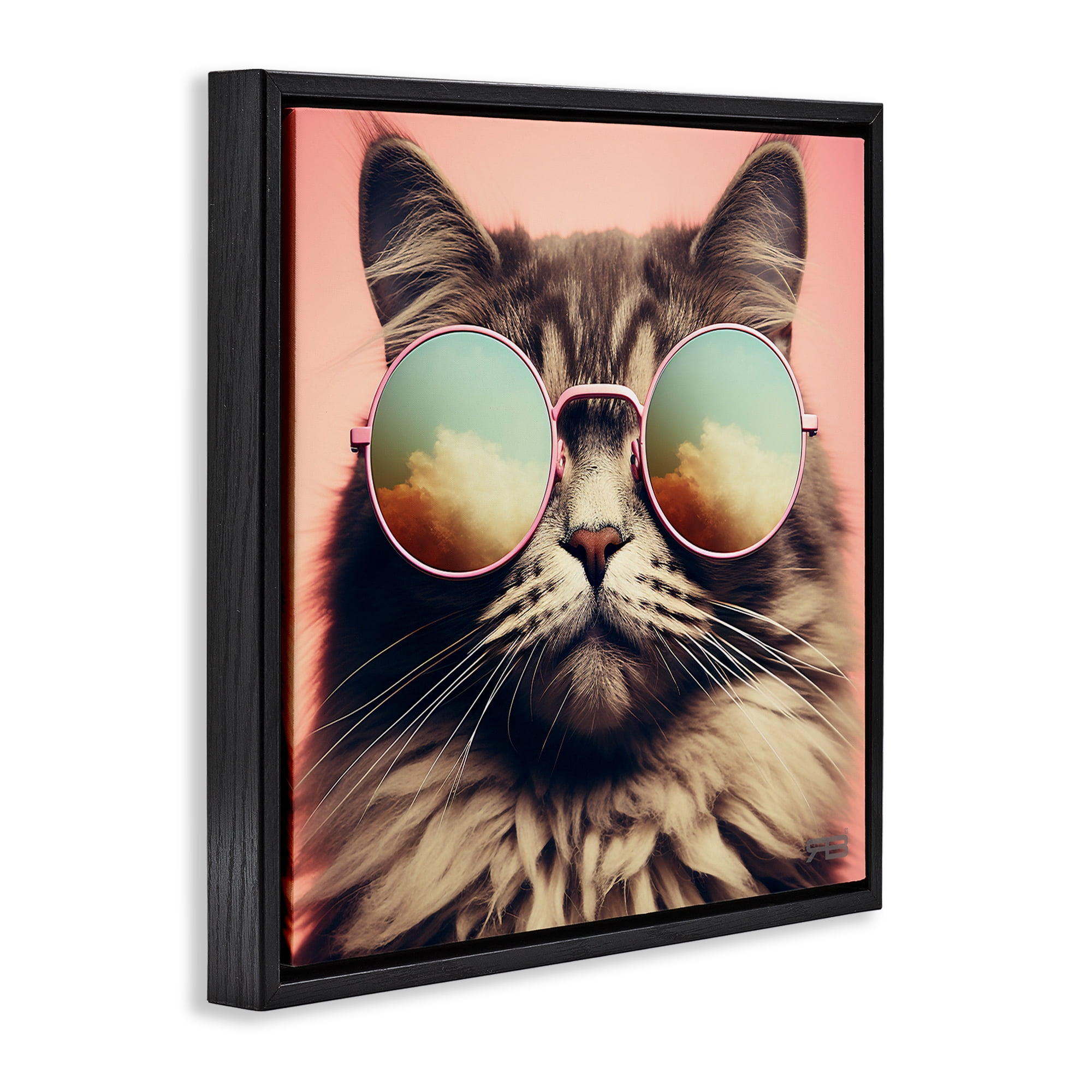 Stupell Industries Cat & Cloud Reflection Glasses Animals & Insects Painting Black Floater Framed Canvas Art Print Wall Art, 18 x 18