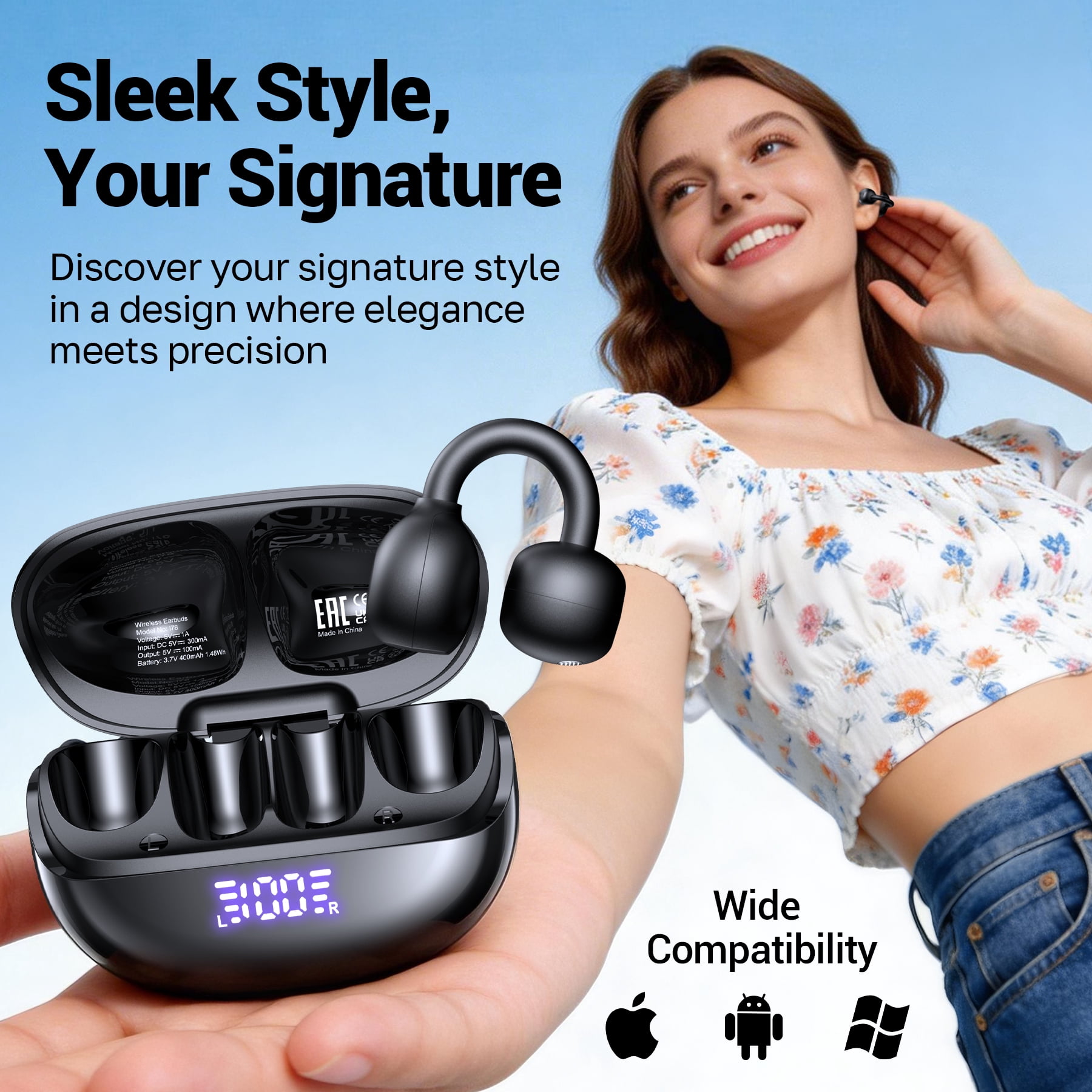 Open Ear Earbuds, Wireless Earbuds, Air Conduction Headphones Bluetooth 5.4,Clip on Headphones with Mic 60H Playtime,Light Weight, ENC Clear Calls, 3D Soundstage,IPX7 Waterproof for Running/Workout