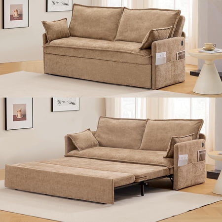 Modern Convertible Sleeper Sofa with USB Charging Queen-size Corduroy Upholstery Sofa Bed Brown