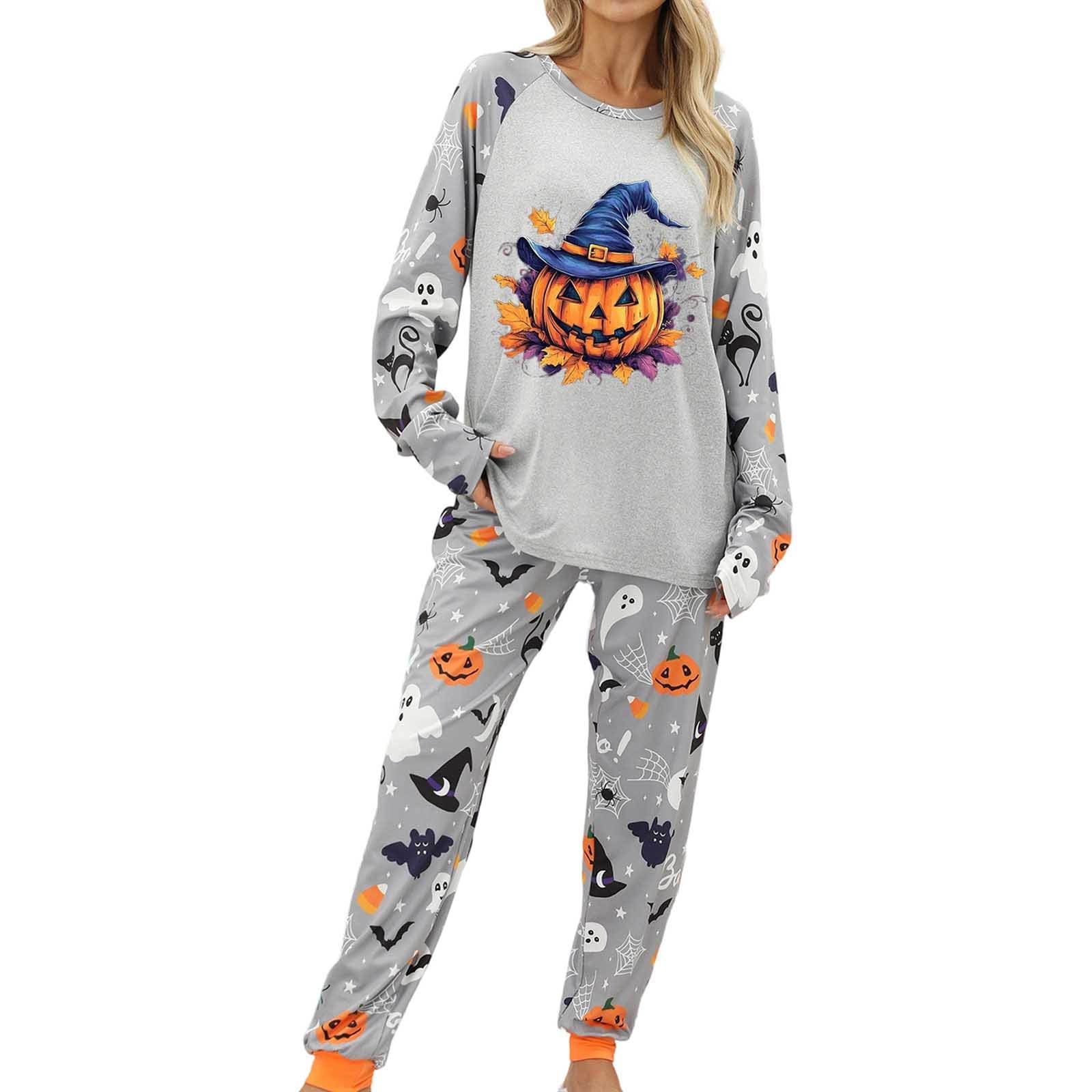 Yuncity Plus Size Halloween Pajamas Women 2 Piece Pumpkin Print Long Sleeve Top And Pants Pjs Sleepwear Loungewear Nightwear Size M-3Xl Grey