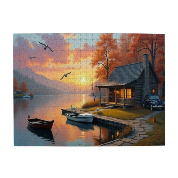 500 Piece Jigsaw Puzzle For Adults Lakeside Cabin Sunset Scenic Lake House Autumn Landscape Peaceful Evening Dogs Boats Birds Challenging & Relaxing Adult Puzzle Great Gift Idea 20.5X15In
