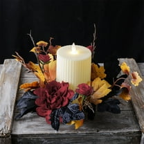 Kbndieu Halloween Candle Rings Wreaths Artificial Black Maple Leaf Pillar Candle Holder with Silk Flowers for Halloween Party Thanksgiving Home Table Centerpieces Indoor Decorations