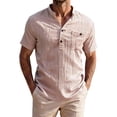 thumbnail image 3 of Men's Casual Button Up Shirt Polyester Blend | Short Sleeve Stand Collar With Breathable Fabric Beach Shirt | Sun Protection Vacation Tops Comfortable Daily | Zenithor,Pink 2XL, 3 of 9