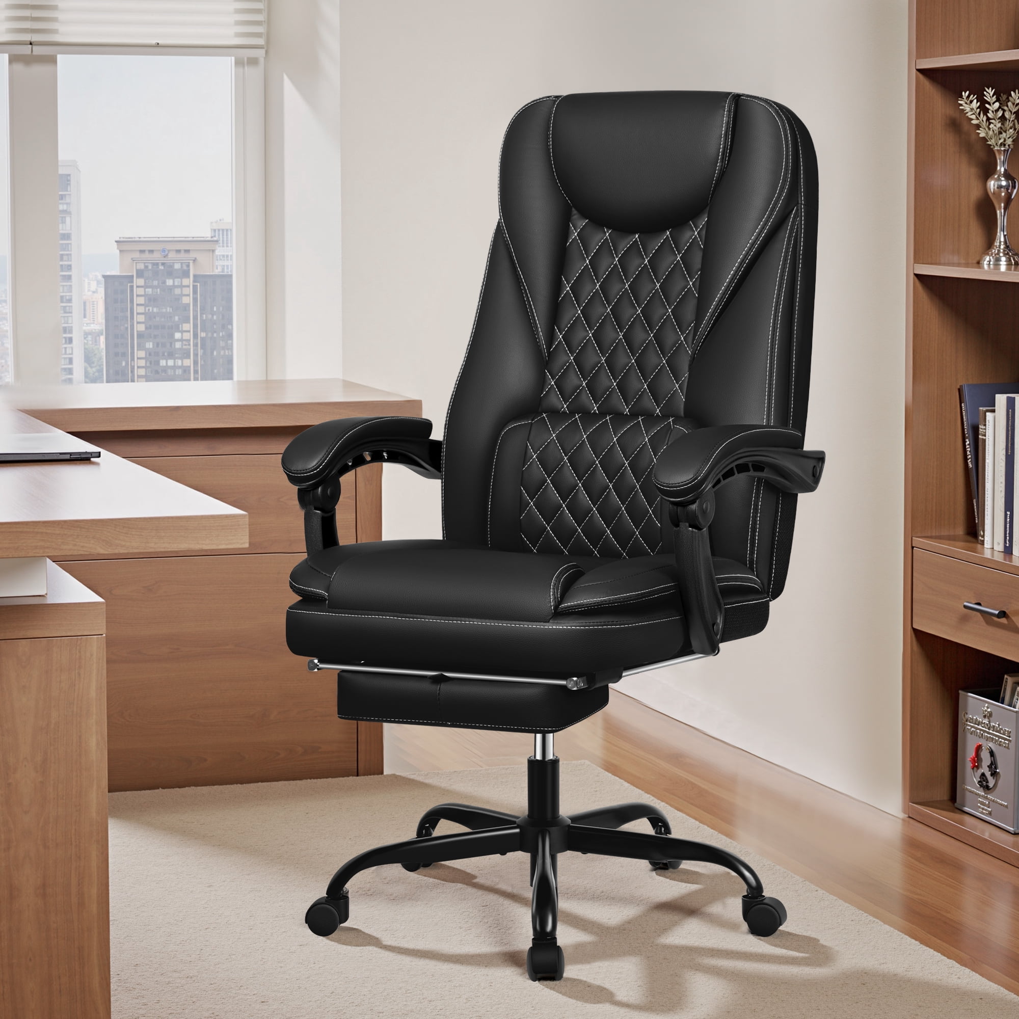 Primy Premium Executive Office Chair - Big & Tall PU Leather Reclining Chair with Footrest & Lumbar Support, 400lb Heavy Duty Ergonomic Computer Desk Chair for Home/Office, Black