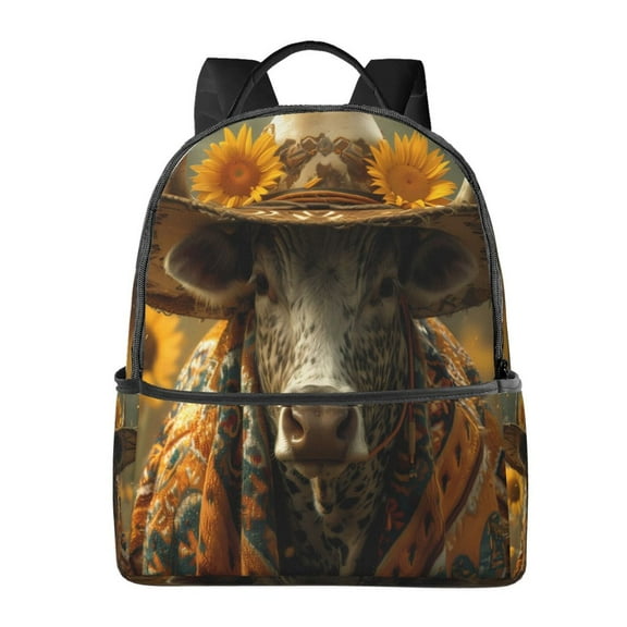 Lsque Sunflower Cowboy Hat Cow Pattern Backpack – School Travel Canvas Daypack with Ergonomic Padded Straps, Multiple Compartments & Leather Handle
