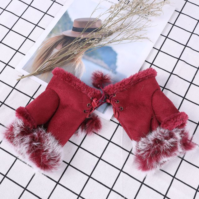 Guantes de medio dedo de piel de conejo, moda para mujer, otoño e invierno, guantes de medio dedo para estudiantes, para escribir en la computadora