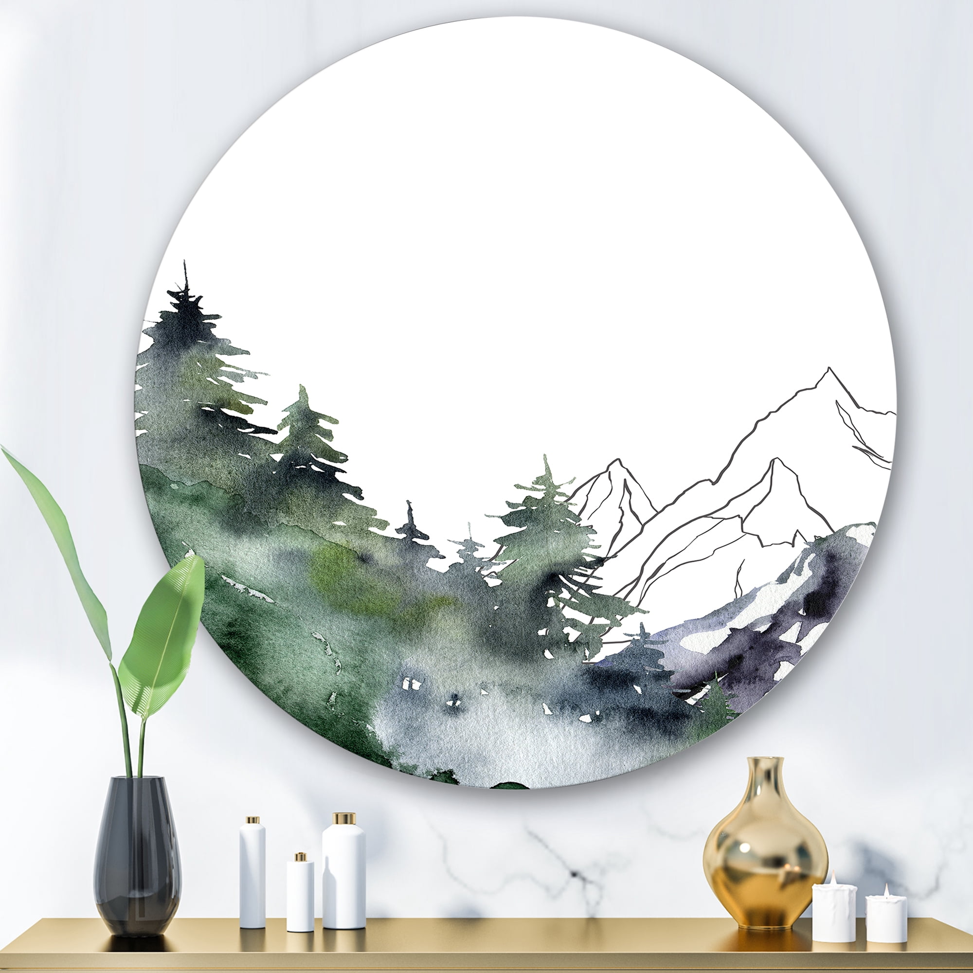 Designart 'Trees With Winter Dark Blue Mountain Landscape III' Modern Circle Metal Wall Art 36x36 - Disc of 36