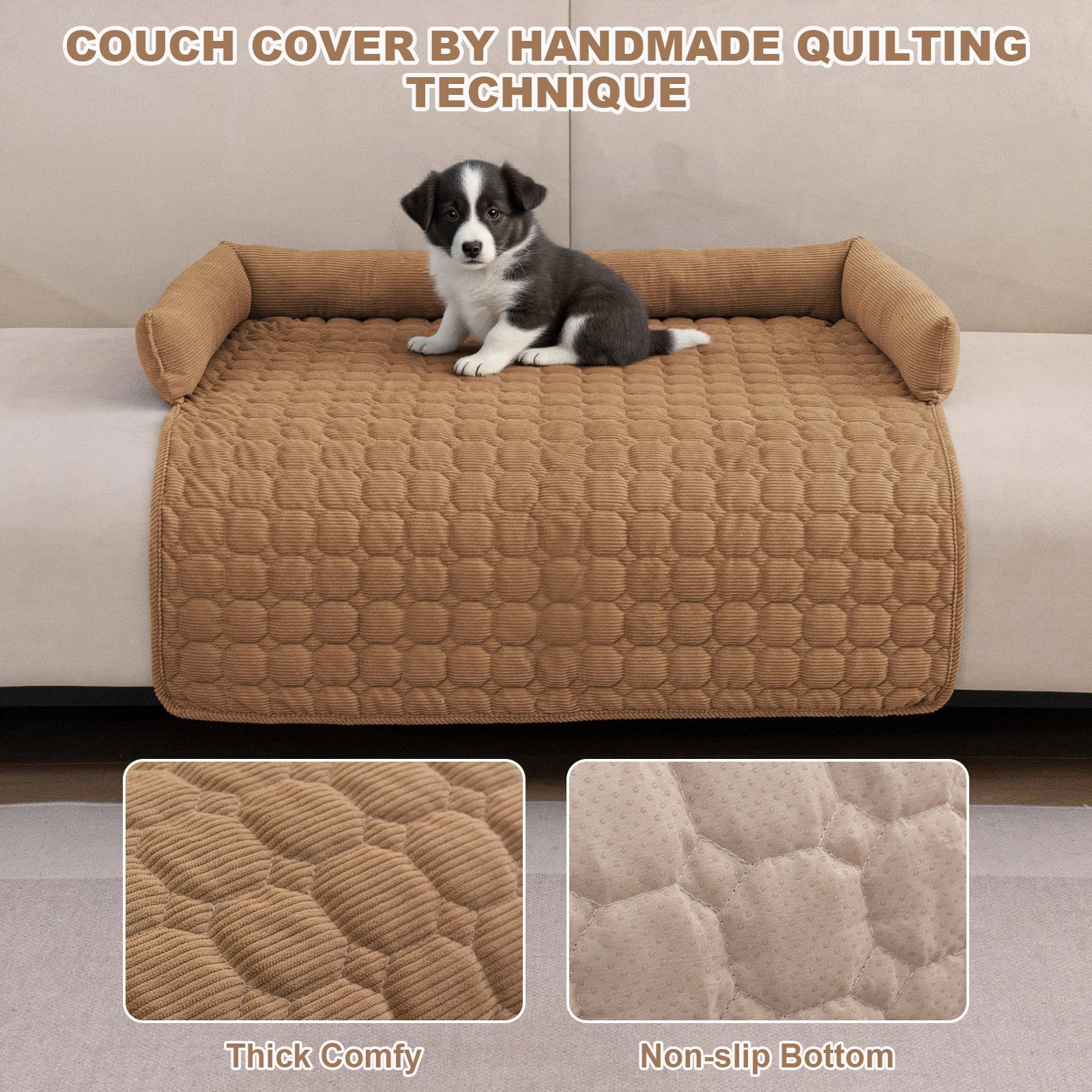Eurhowing Dog Couch Cover 36"x36", Corduroy Dog Bed Mat for Couch with 3 Side Dog Pillow, Washable Sofa Cover Pet Furniture Protector for Dogs&Cats, Coffee