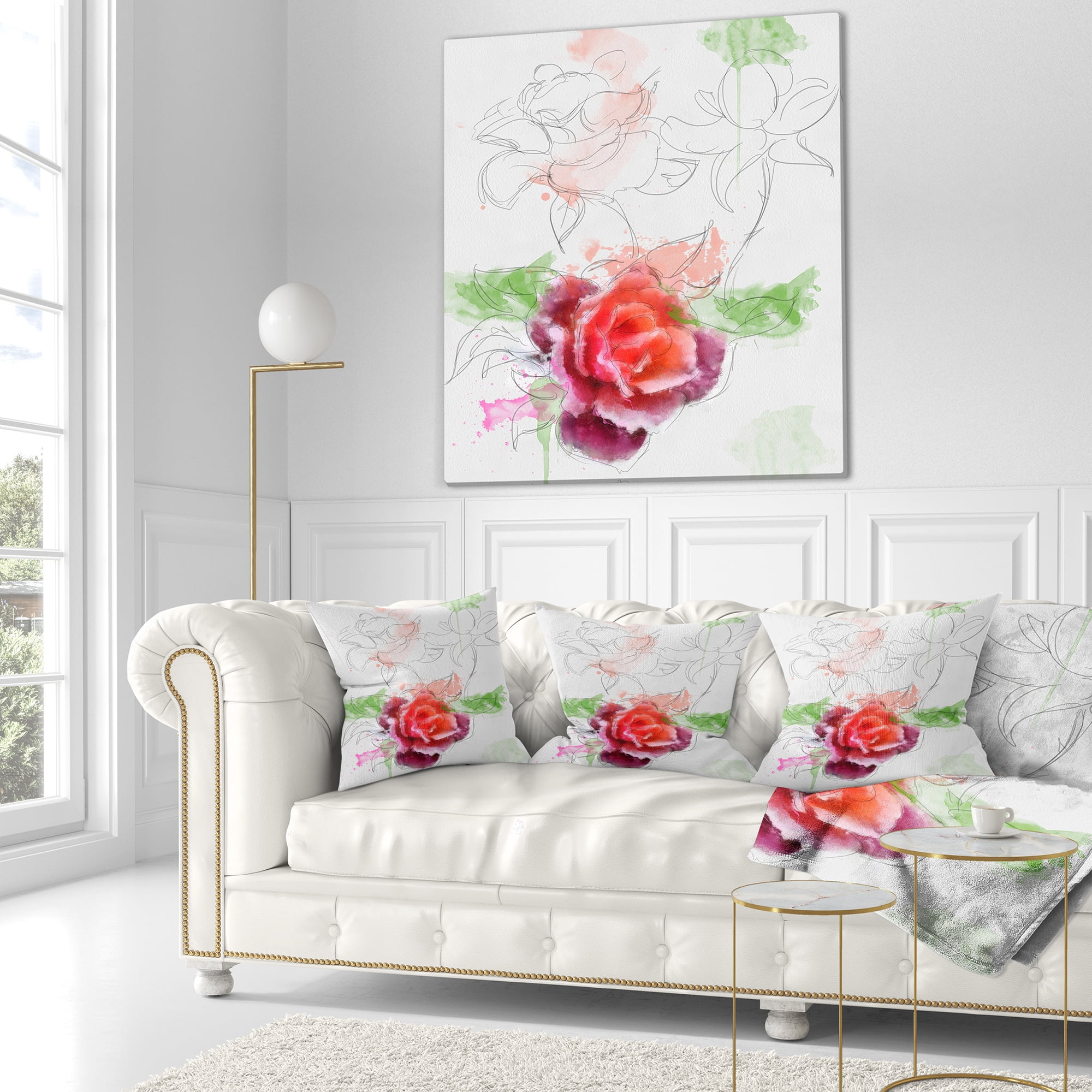 Designart Beautiful Rose with Rose Sketches - Floral Throw Pillow - 16x16