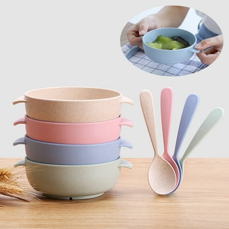 

2Pcs/Set Baby Feeding Food Wheats Straw Handled Bowl Spoon Training Tableware Blue pinshui