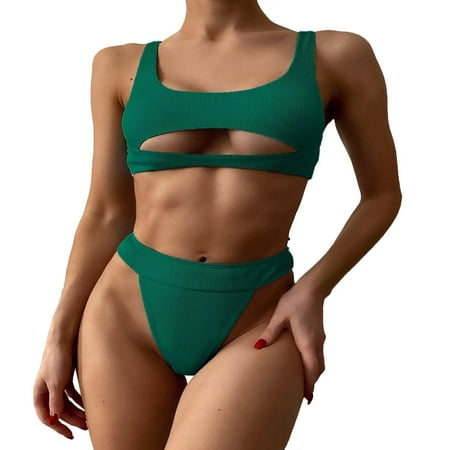 IDALL Bikini Sets Bathing Suit Women High Waisted Bikini Push Up Two Piece Swimsuits Fashion Swimsuit Two Piece Ruched High Waist Bikini Set Womens Swimsuits Micro Bikini Green S