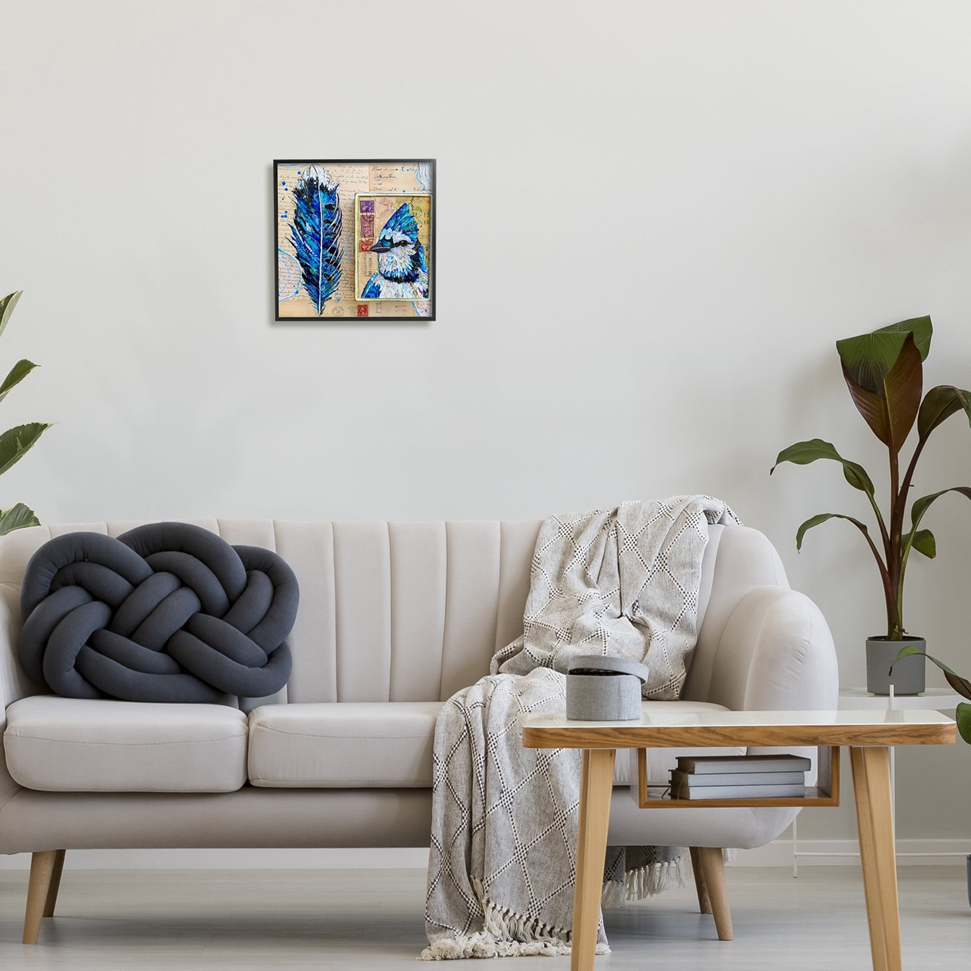 Stupell Industries Blue Jay Collaged Ephemera Feather Bird Painting Painting Black Framed Art Print Wall Art, Design by Lisa Morales