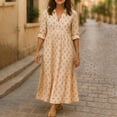 thumbnail image 4 of Uscallm Women Plus Size V Neck 3/4 Sleeve Button Down Dot Boho Midi Dress Flowy Casual Loose Maxi Travel Dresses with Elastic Waist, Yellow 2XL, 4 of 7