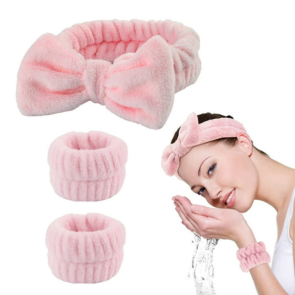 Spa headband for washing face and matching wrist strap, fuzzy skin care headband for teenagers and girls, soft facial makeup headband for children - set 3