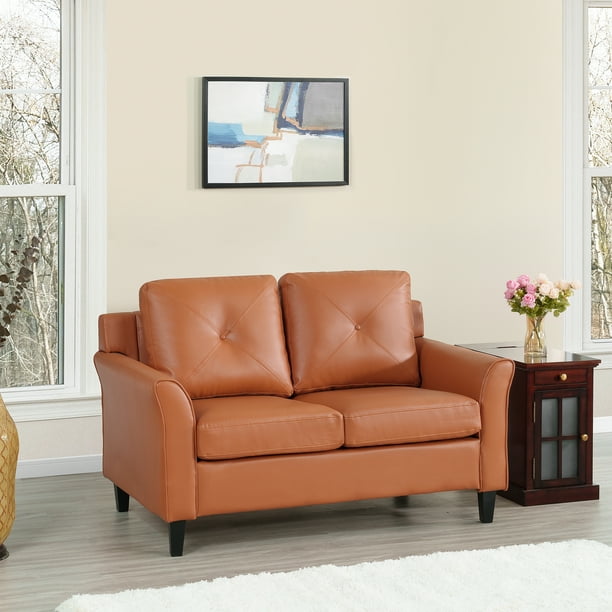 Raelynn Button Tufted Loveseat Sofa Affordable Caramel Small Loveseat