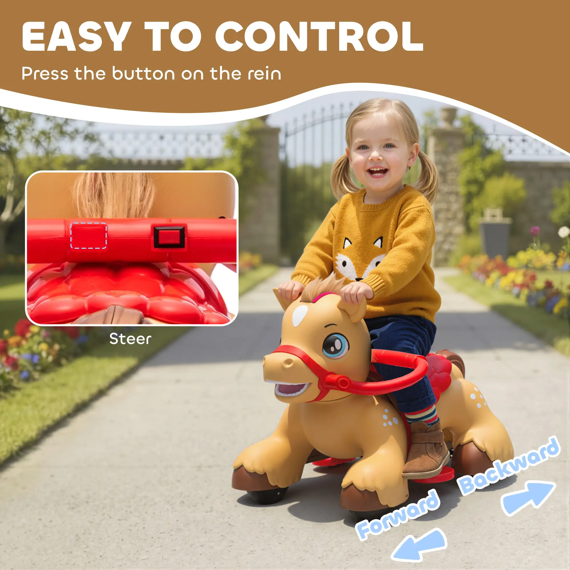 Kids Ride on Toy with Sounds and Lights, 12V Battery 50 Mins Ride on Toy with Reins Comb Carrot, Safe Stable Ride on Toy for 18-36 Months Indoor Outdoor Play