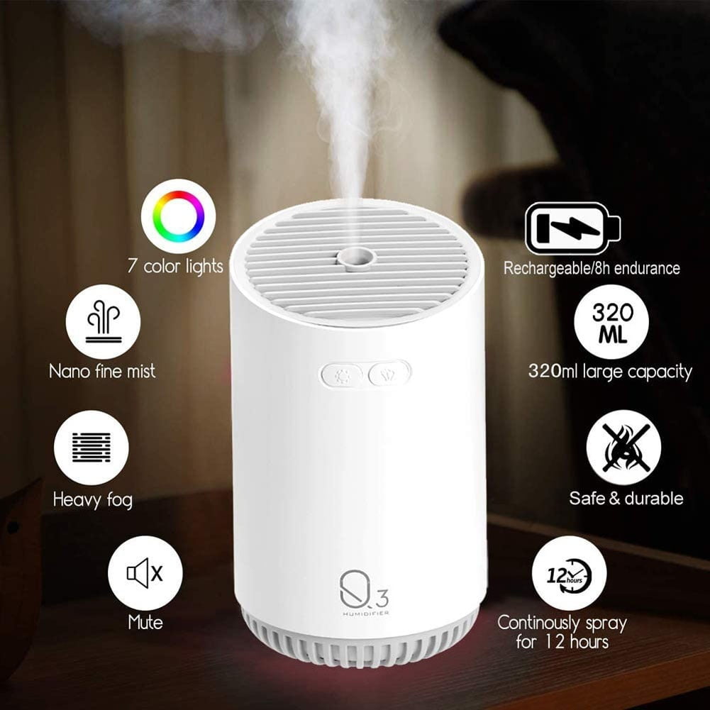Mini Portable Humidifier, Mute Personal Small Coloured Light Wireless Air Purifier Humidifier